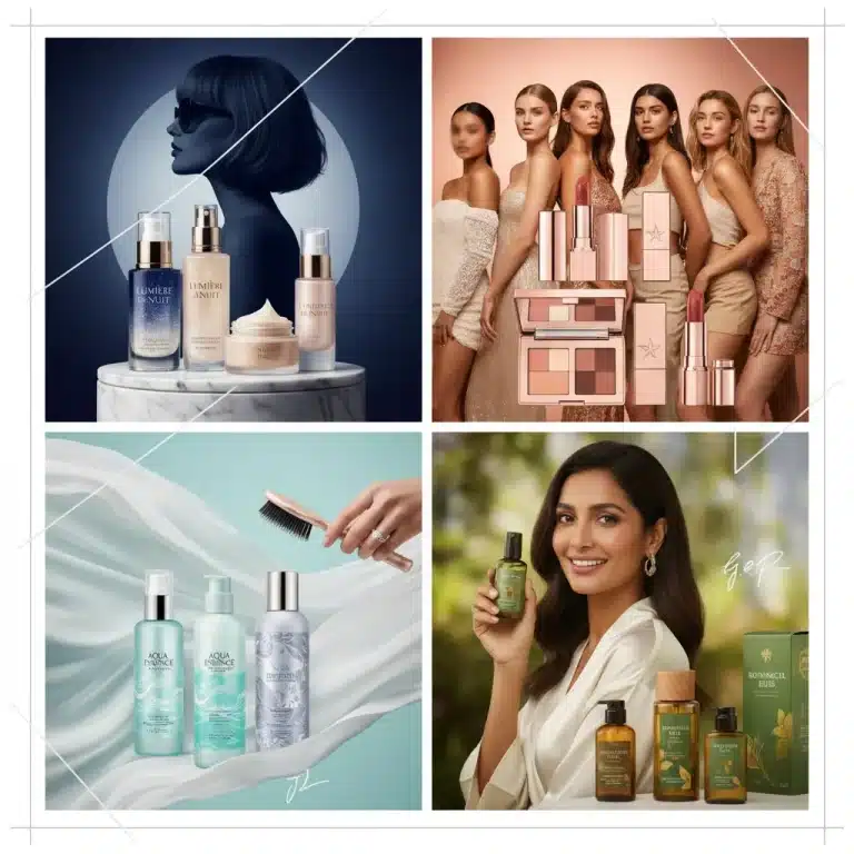 Four distinct celebrity beauty product lines displayed against a modern backdrop