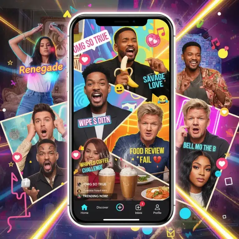 Celebrities engaging in diverse viral TikTok trends on a smartphone screen, showcasing dynamic social media culture.