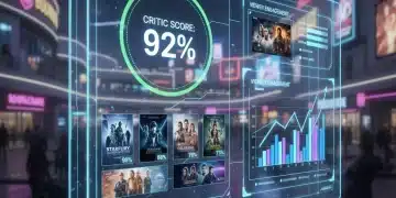 Futuristic interface showing updated critic review metrics and entertainment analysis