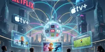 Futuristic streaming market with interconnected platforms and exclusive content deals.