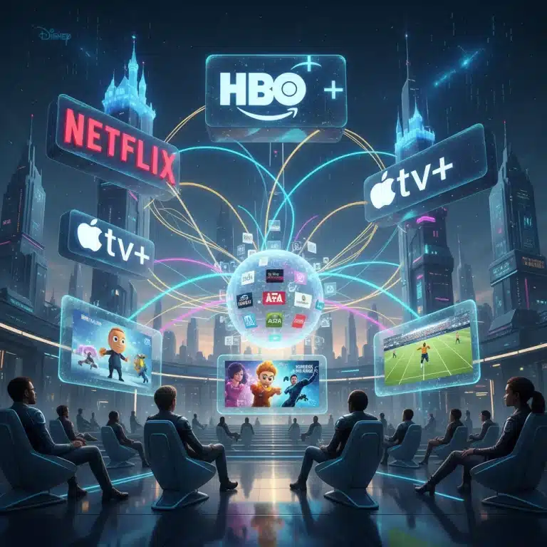 Futuristic streaming market with interconnected platforms and exclusive content deals.