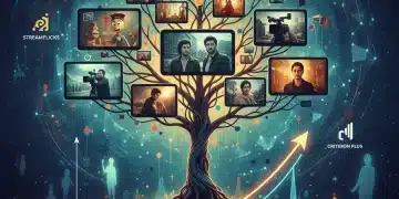 Stylized graphic showing indie film scenes, critic ratings, and streaming icons, illustrating the impact of reviews on subscriptions.