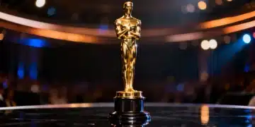 Golden Oscar statue on a reflective surface at an awards ceremony.