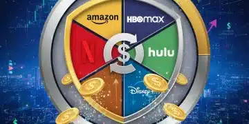 Streaming service logos converging into a loyalty badge with digital currency symbols, symbolizing financial impact of loyalty programs.