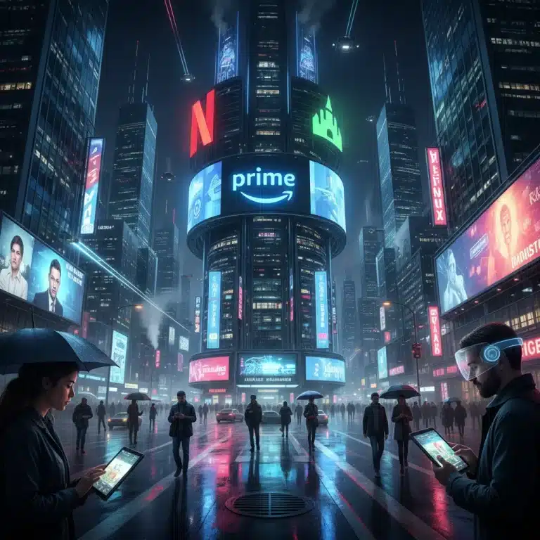 Futuristic cityscape with streaming service logos, symbolizing the streaming wars of 2026