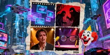 Futuristic cityscape with merging film genre elements representing genre-bending films of 2026