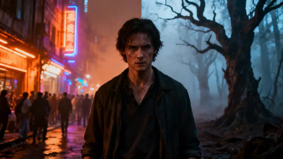 Protagonist in a dramatic film still, representing internal conflict and genre fusion