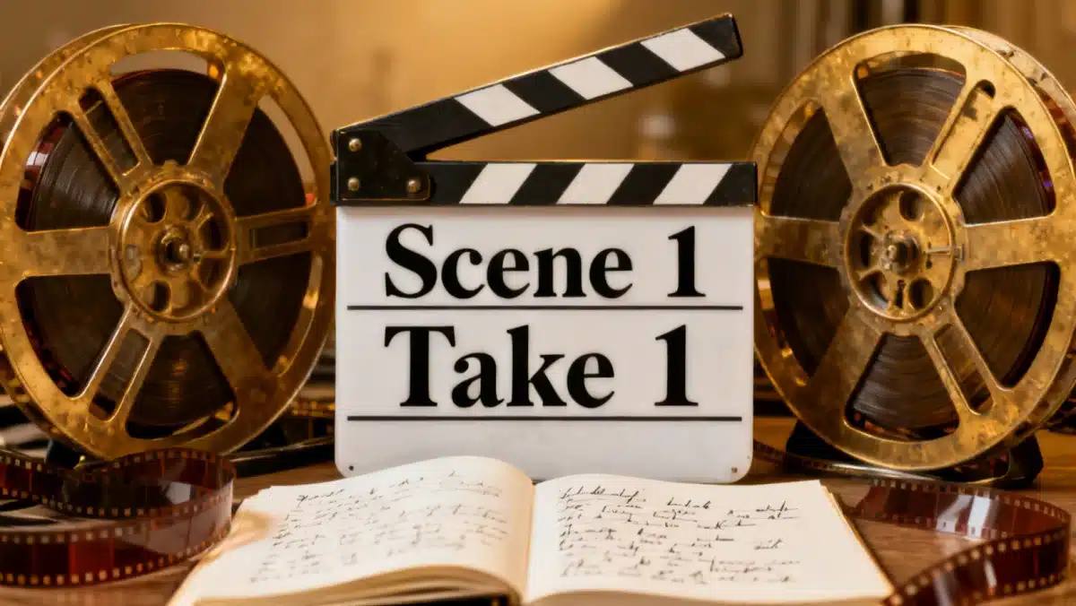 Director's clapboard and film reels, symbolizing filmmaking and award consideration.