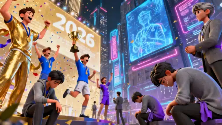 Diverse animated characters symbolizing success and failure in 2026 film industry