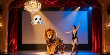 Broadway stage transforming into a movie screen, symbolizing adaptations