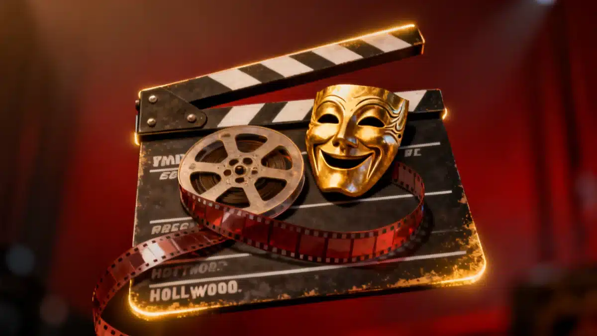Director's clapperboard with theater mask and film reel, symbolizing stage to screen