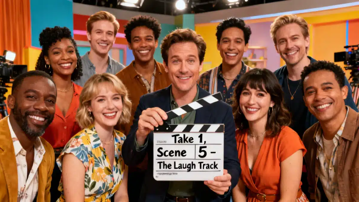 Actors on a brightly lit set during the production of a new comedy series, smiling and looking at the camera.