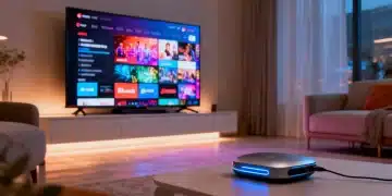 Futuristic streaming device connected to a large 4K TV in a modern living room setting