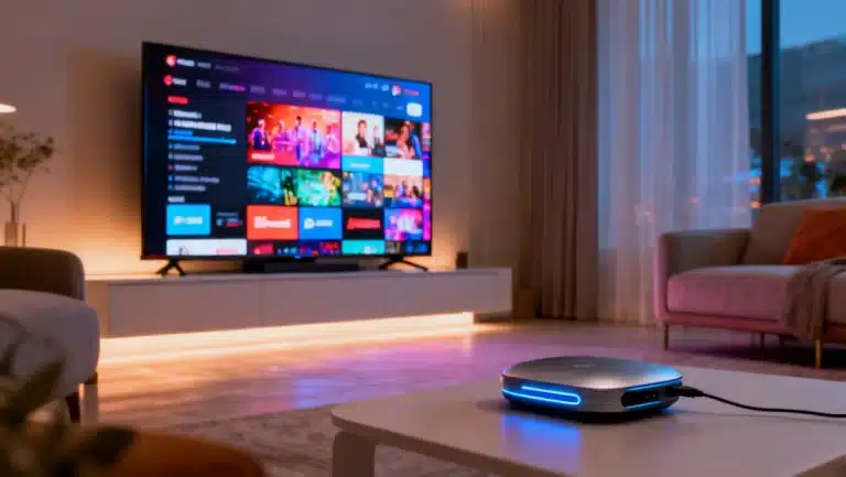 Futuristic streaming device connected to a large 4K TV in a modern living room setting