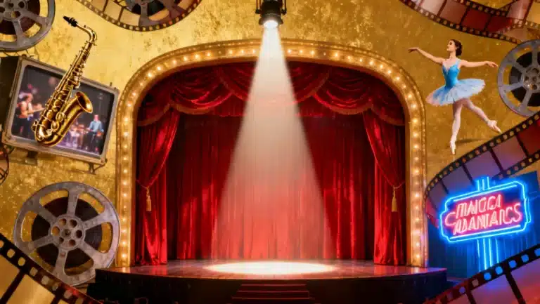 Dynamic collage showcasing musical adaptations coming to screen in 2026, with stage and film elements.