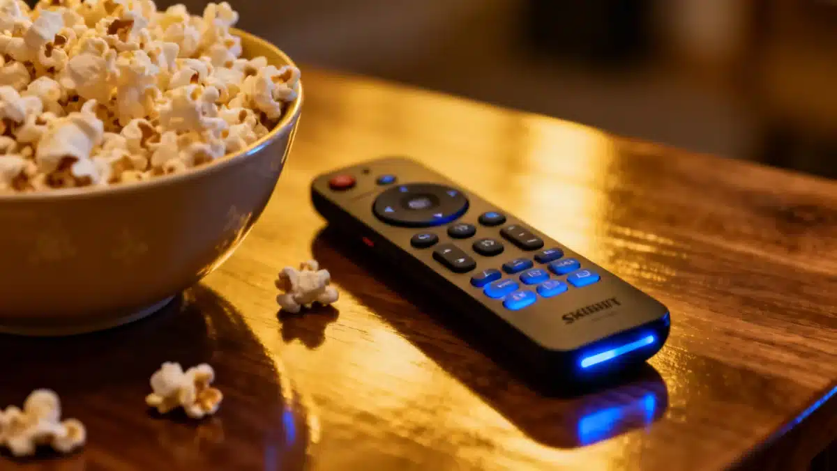 Ergonomic remote control for a streaming device on a coffee table with popcorn