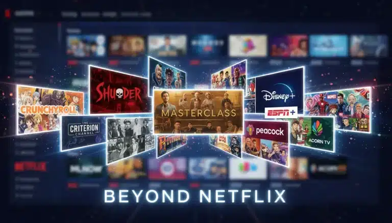 Diverse logos of niche streaming platforms presented as an alternative to mainstream services, symbolizing unique content exploration in 2026.