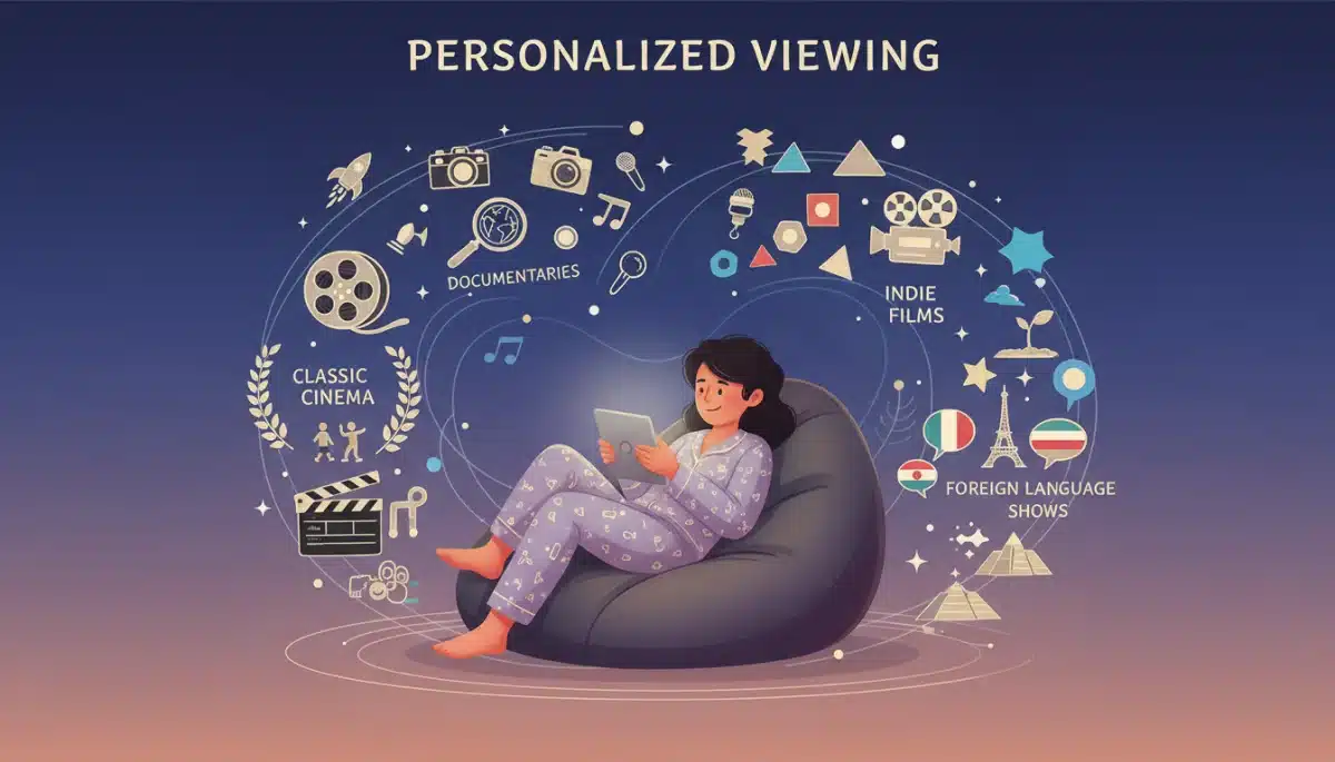 Person watching diverse content on a tablet, symbolizing personalized entertainment choices from niche streaming services.