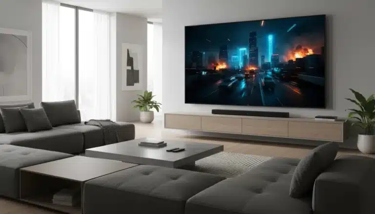 Modern living room with 4K HDR TV displaying high-quality streaming content