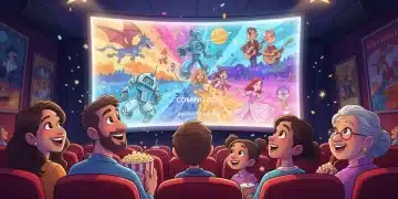 Family watching animated movie trailer in a vibrant cinema