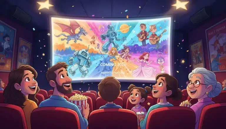 Family watching animated movie trailer in a vibrant cinema