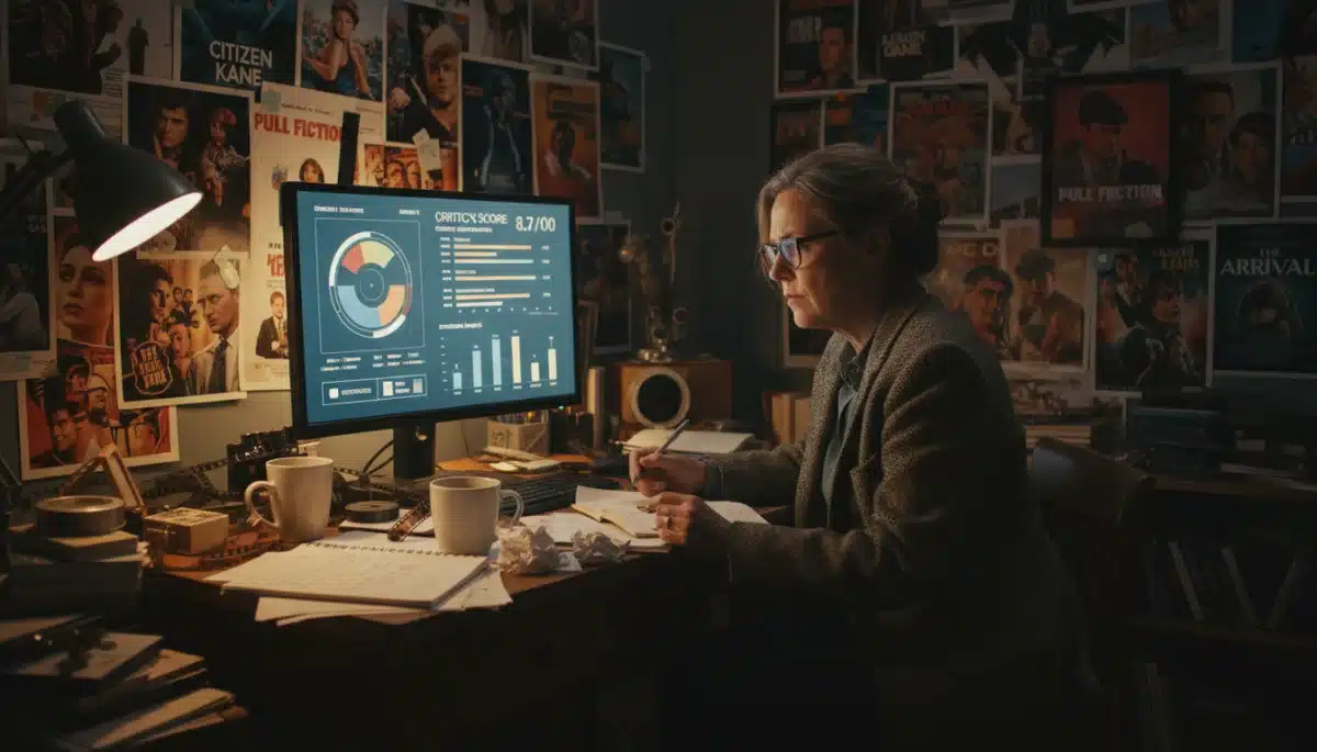 Film critic analyzing movie reviews and scores on a computer screen.