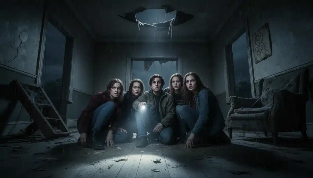 Group of terrified people in a dark, abandoned house with a flashlight, embodying horror film suspense