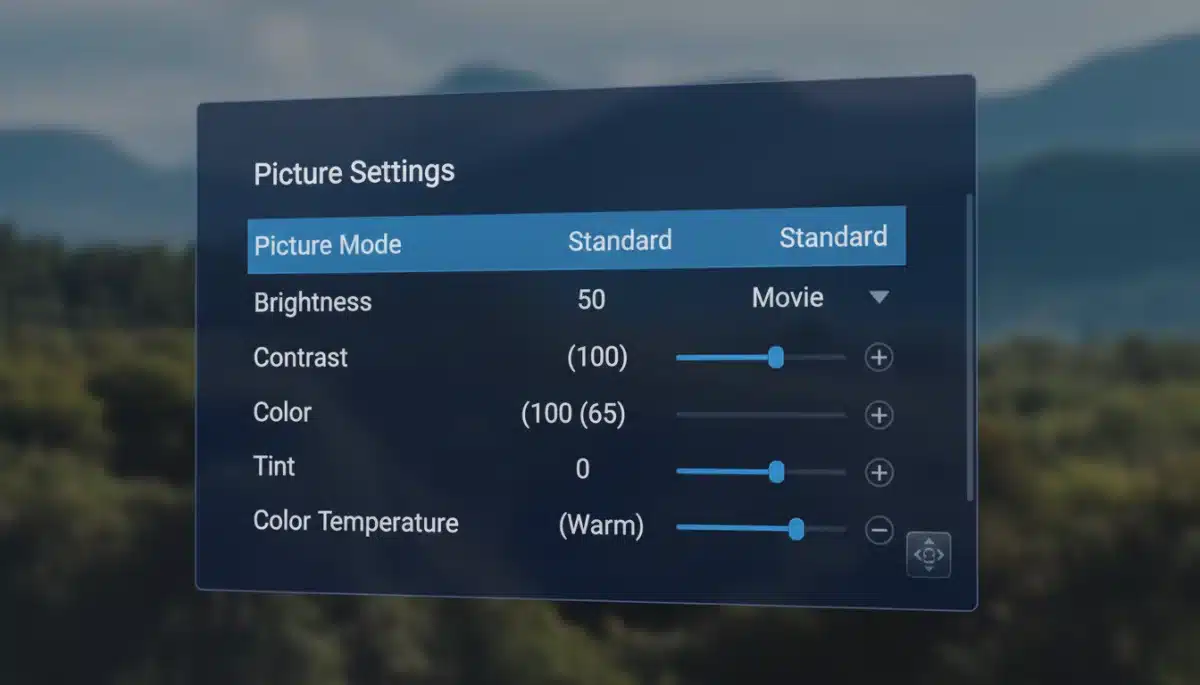 TV on-screen display menu showing picture settings for optimization