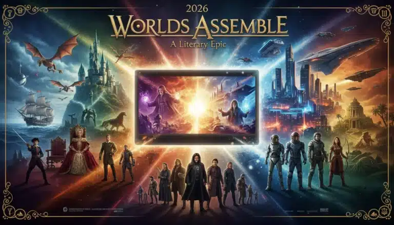 Epic movie poster featuring a collage of four major book adaptations for 2026, highlighting fantasy, sci-fi, and historical themes.