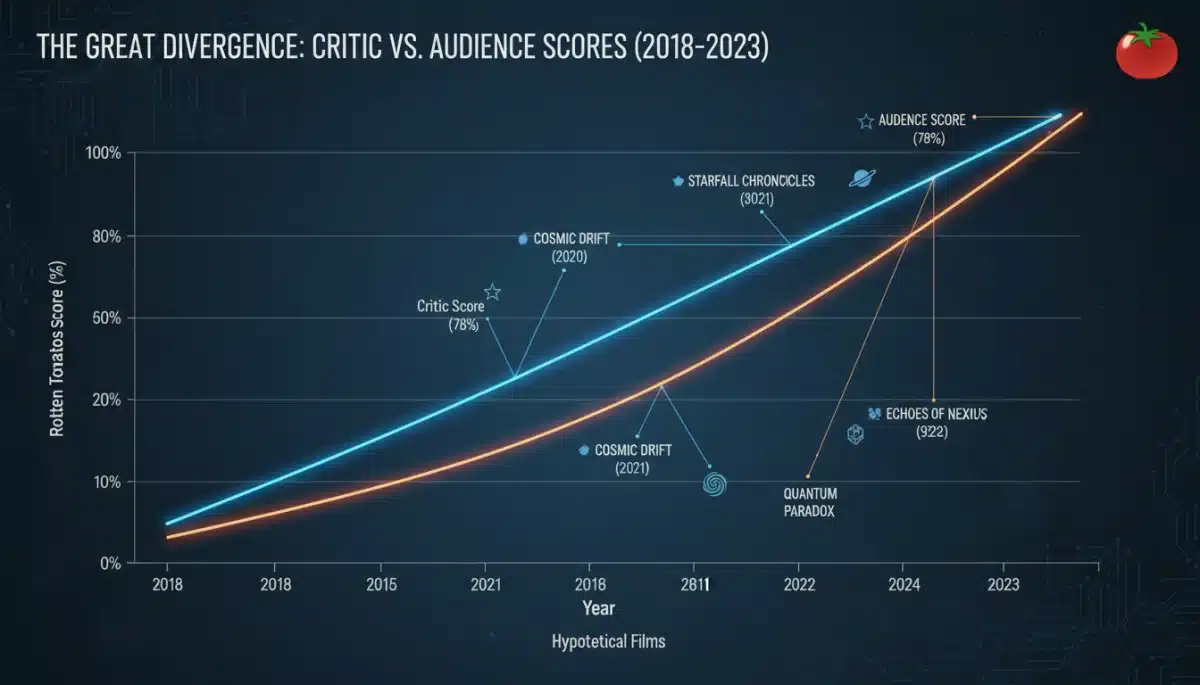 Graph showing widening gap between critic and audience scores on Rotten Tomatoes