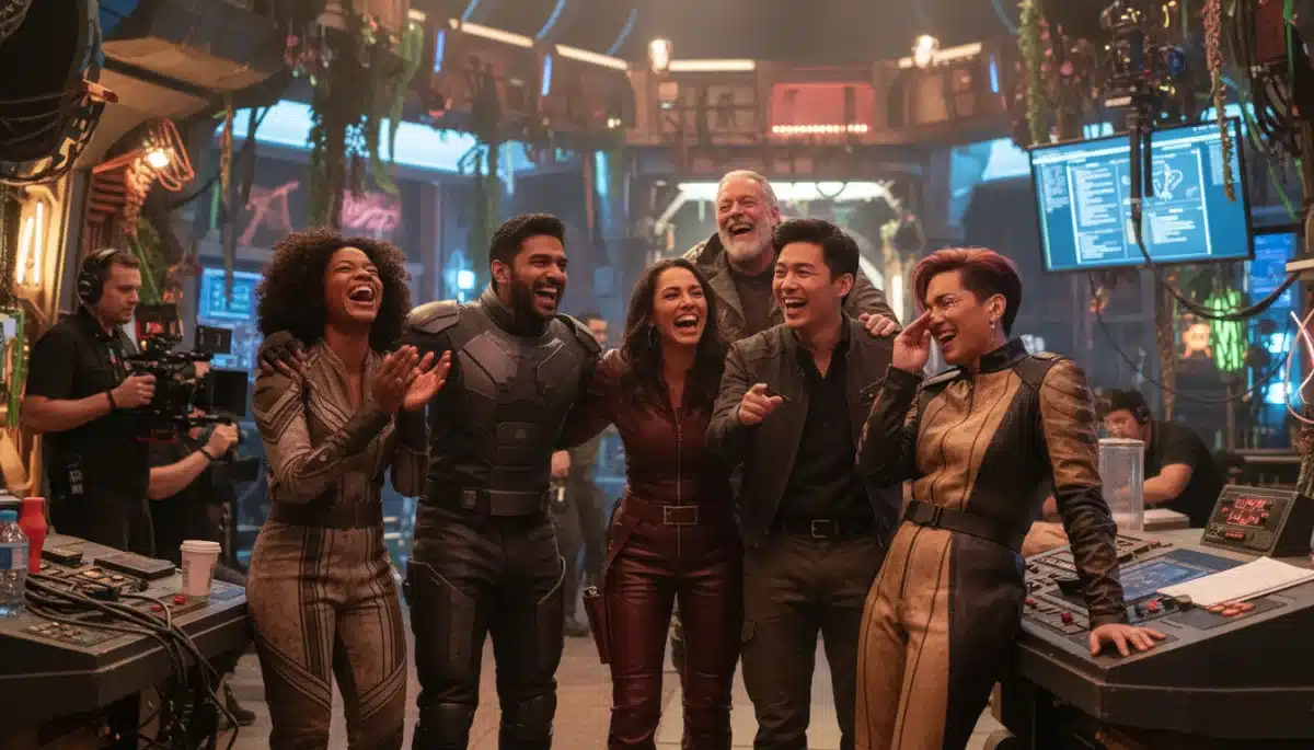 Diverse cast laughing on set of a new streaming series production