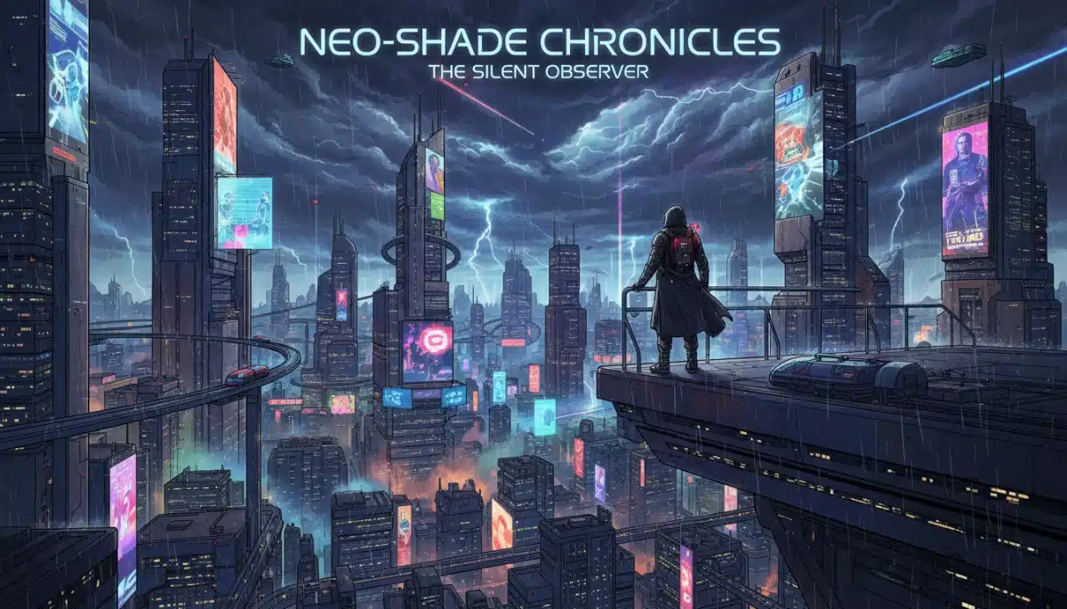 Futuristic cityscape with advanced technology, representing a dystopian science fiction book adaptation.