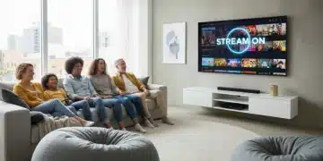 Family enjoying streaming content on a smart TV, free from cable.