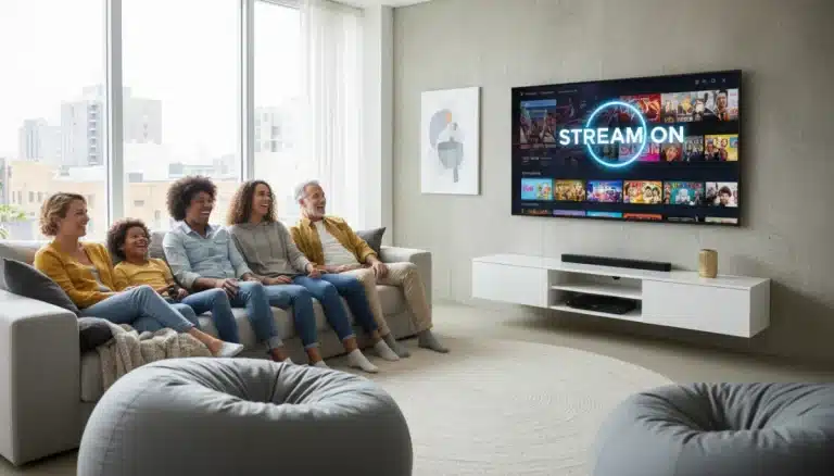 Family enjoying streaming content on a smart TV, free from cable.