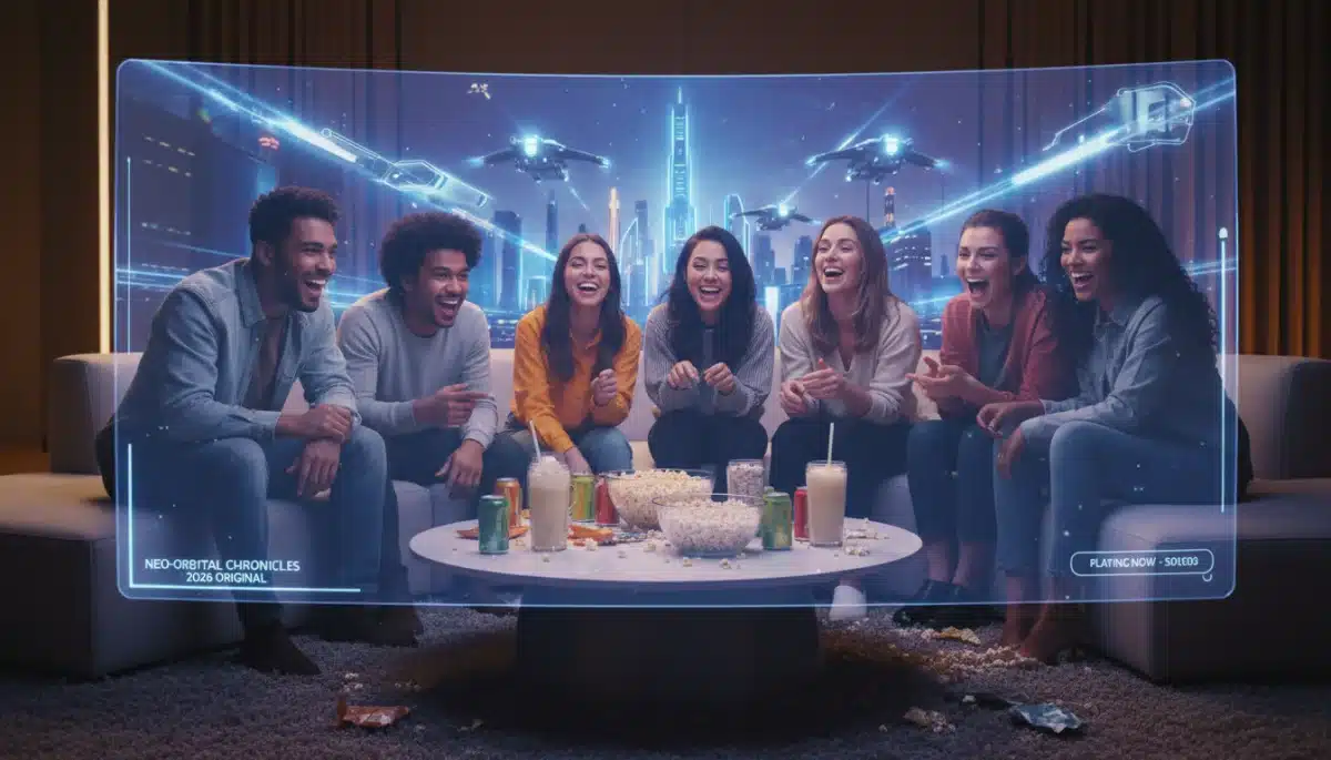 Friends enjoying a new 2026 streaming series together, highlighting communal viewing