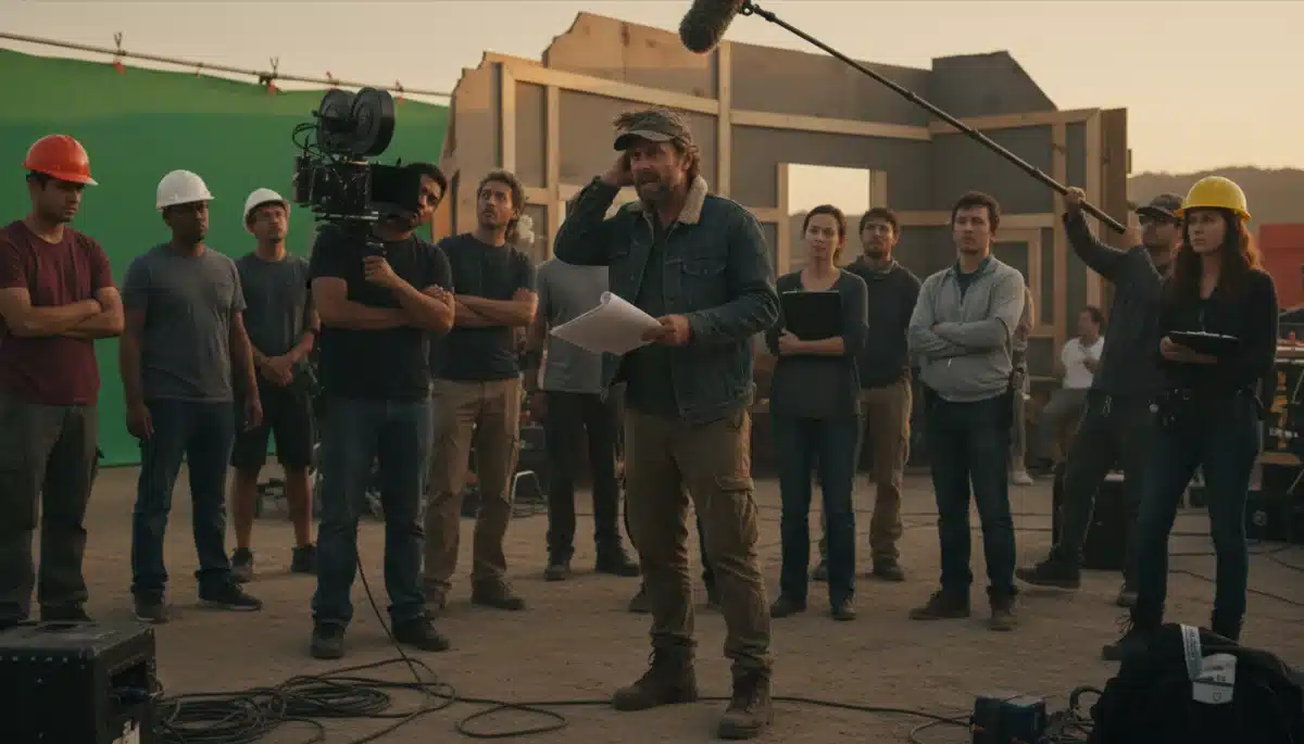 Frustrated director on a chaotic film set, symbolizing production issues