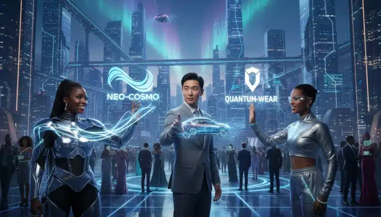 Futuristic celebrity brand collaboration with holographic logos
