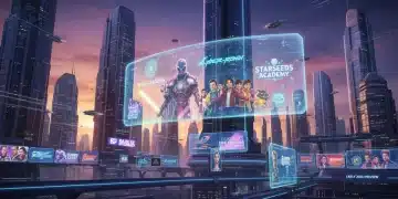 Futuristic cityscape with holographic streaming series previews for 2026