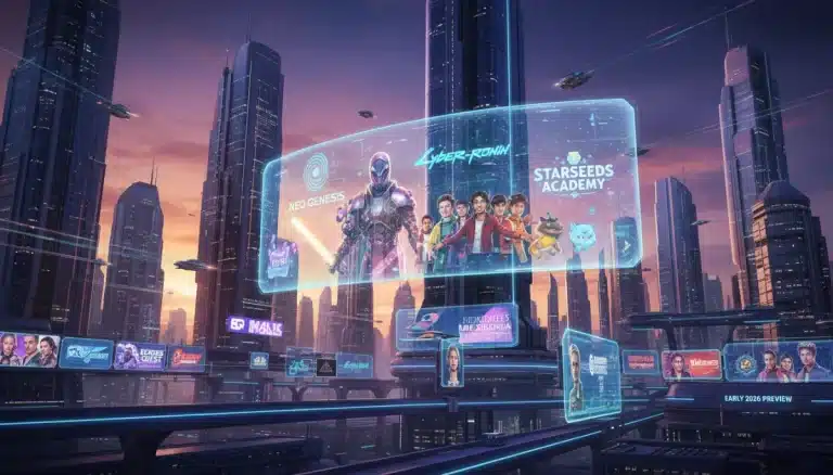 Futuristic cityscape with holographic streaming series previews for 2026
