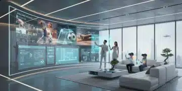 Futuristic living room with transparent screen showing live sports and news, highlighting advanced streaming technology.
