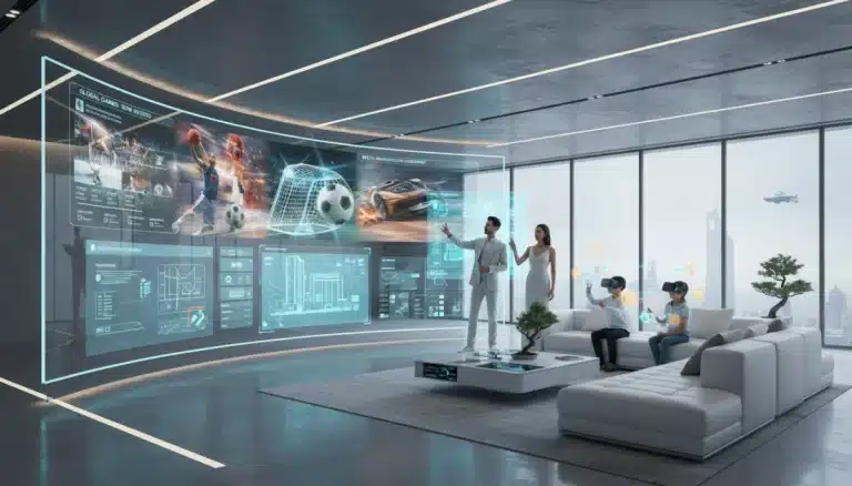 Futuristic living room with transparent screen showing live sports and news, highlighting advanced streaming technology.