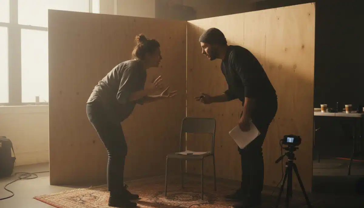 Director and actor collaborating on an independent film set, showcasing artistic dedication.