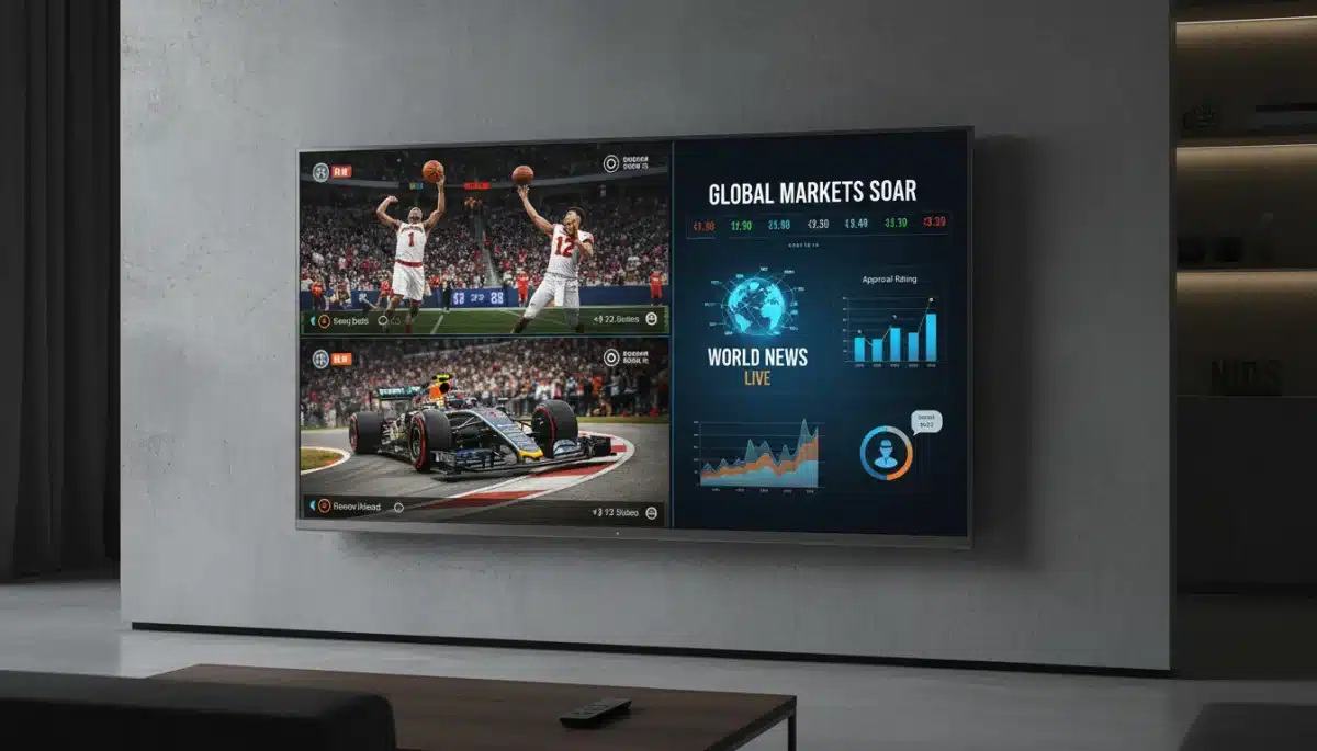 Dynamic split-screen on a smart TV displaying simultaneous live sports and news streams.
