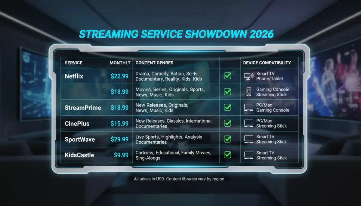 Comparison chart of top streaming services in 2026 with costs and features.