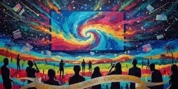 Stylized film festival scene at night with abstract art and audience silhouettes