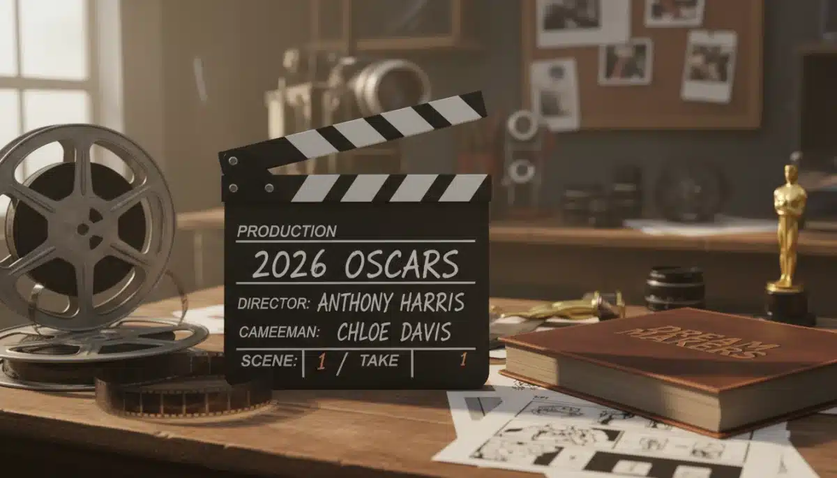 Director's clapperboard for 2026 Oscars surrounded by film elements