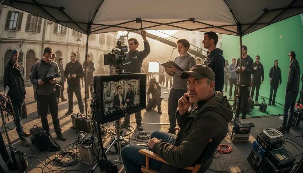 Director on set reviewing footage, embodying creative leadership in Hollywood.