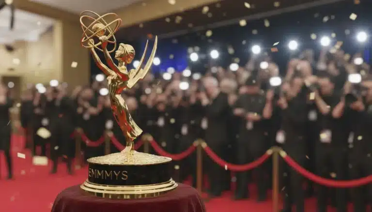 Golden Emmy statuette on a red carpet, symbolizing TV awards season.