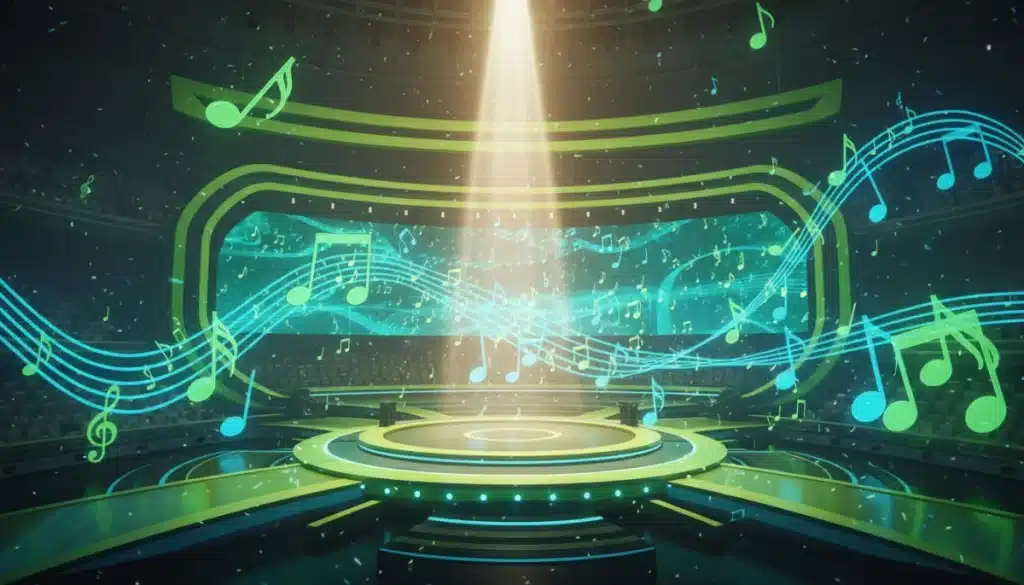 Futuristic stage awaiting new music album releases in Spring 2026