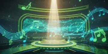 Futuristic stage awaiting new music album releases in Spring 2026